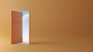 an open door leading to a bright orange room
